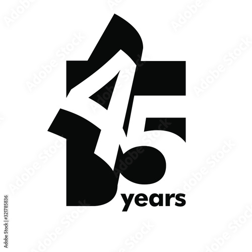 Isolated abstract logo 45 years. In the form of an open book, magazine. Happy greeting card for the 45 th birthday. Black color writing on white background.