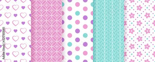 Scrapbook seamless pattern, background. Vector. Cute paper for scrap design. Chic print with heart, polka dot, flower, quatrefoil, leaf. Trendy modern texture. Color illustration. Geometric backdrop