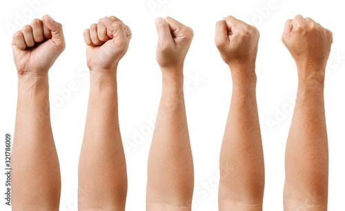 GROUP of Male asian hand gestures isolated over the white background. Grab with five fingers Action. Fist.