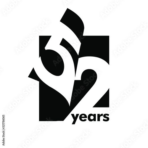 Isolated abstract logo 52 years. In the form of an open book, magazine. Happy greeting card for the 52th birthday. Black color writing on white background. photo