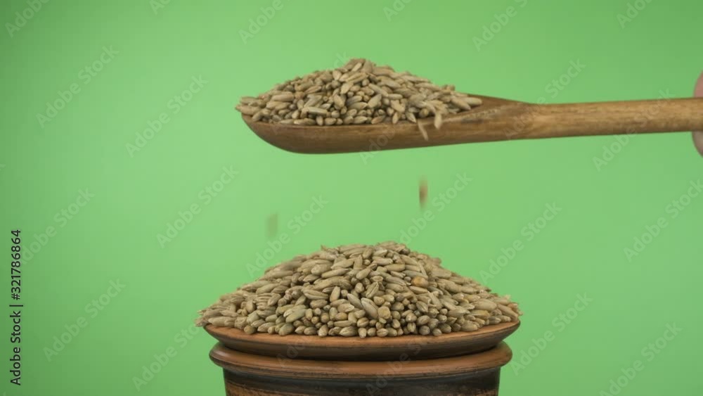 Slow motions. Rye grains get enough sleep from a wooden spoon on a pile of seed in a clay bowl. Slow motions. Rye grains get enough sleep from a wooden spoon on a pile of seed in a clay bowl.