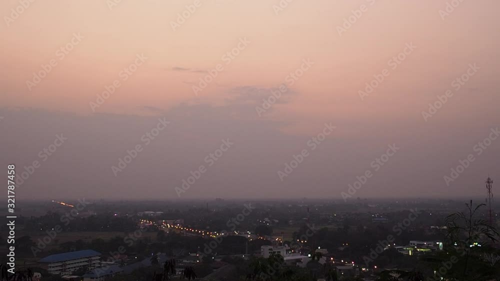 Dust PM 2.5 Sky in February 2020 : in Chiangmai, Sunset and twilight with city view time lapse Dust PM 2.5 Sky in February 2020 : in Chiangmai, Sunset and twilight with city view time lapse