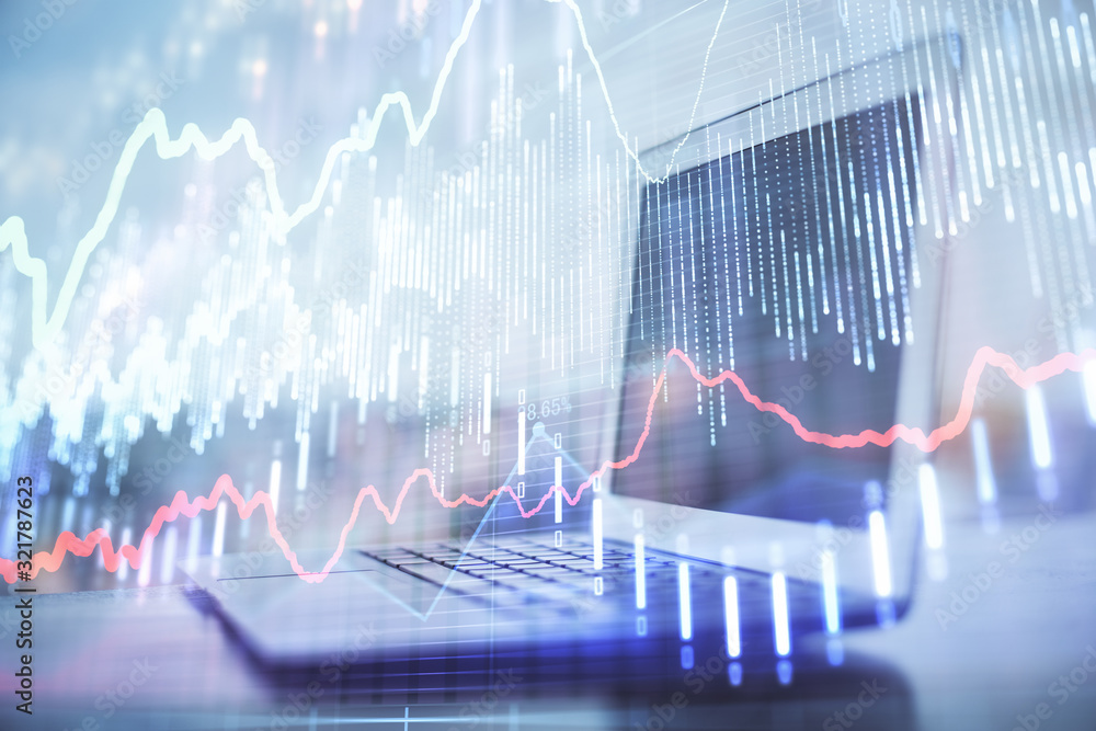 Forex Chart hologram on table with computer background. Double exposure. Concept of financial markets.