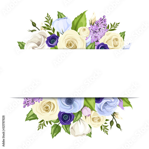 Vector banner with blue, purple and white roses, lisianthuses, anemones, lilac flowers and green leaves.