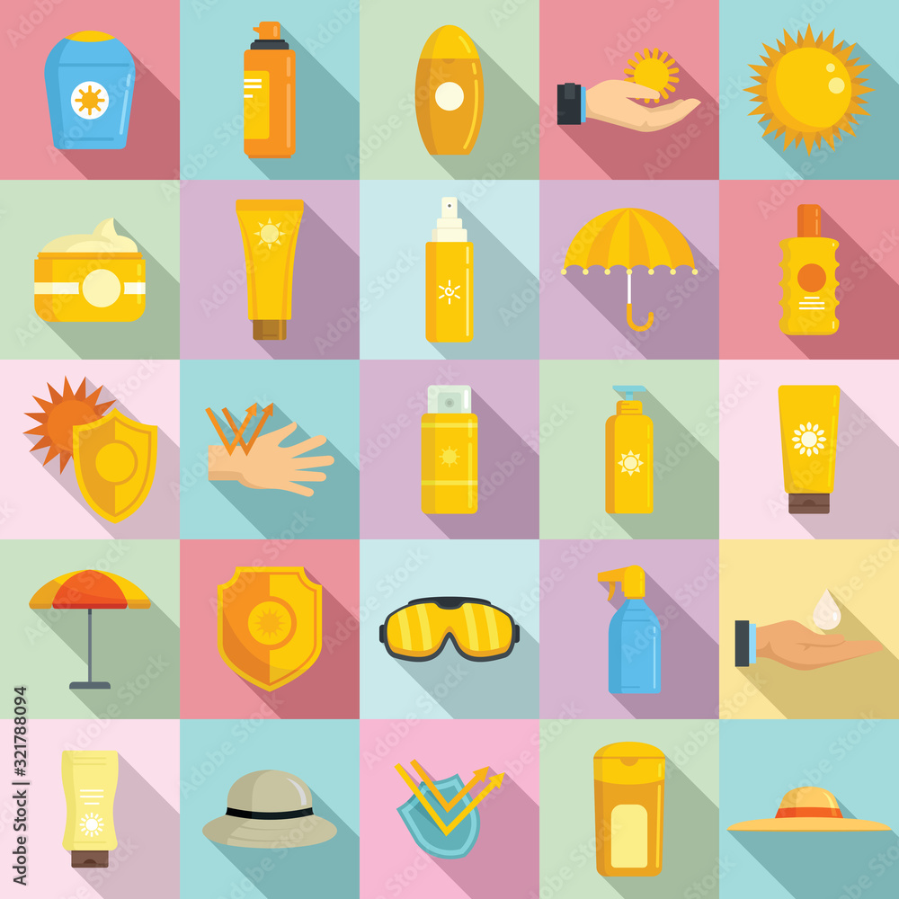 Uv protection icons set. Flat set of uv protection vector icons for web design