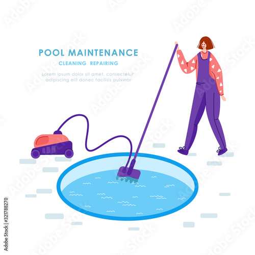 Swimming pool maintenance or cleaning service, girl in uniform clean water with vacuum cleaner, tool for pool servicing or reparing, worker with equipment - flat vector for website, landing, banner