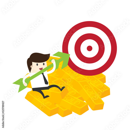 Businessman sit on gold bar aim arrow to target for growth and success concept.