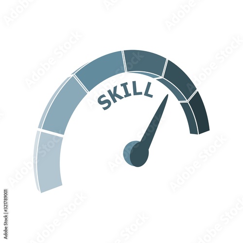 Scale with arrow. The skill level measuring device icon. Sign tachometer, speedometer, indicators. Infographic gauge element.