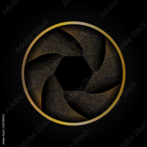 Abstract camera shutter with golden glitter.