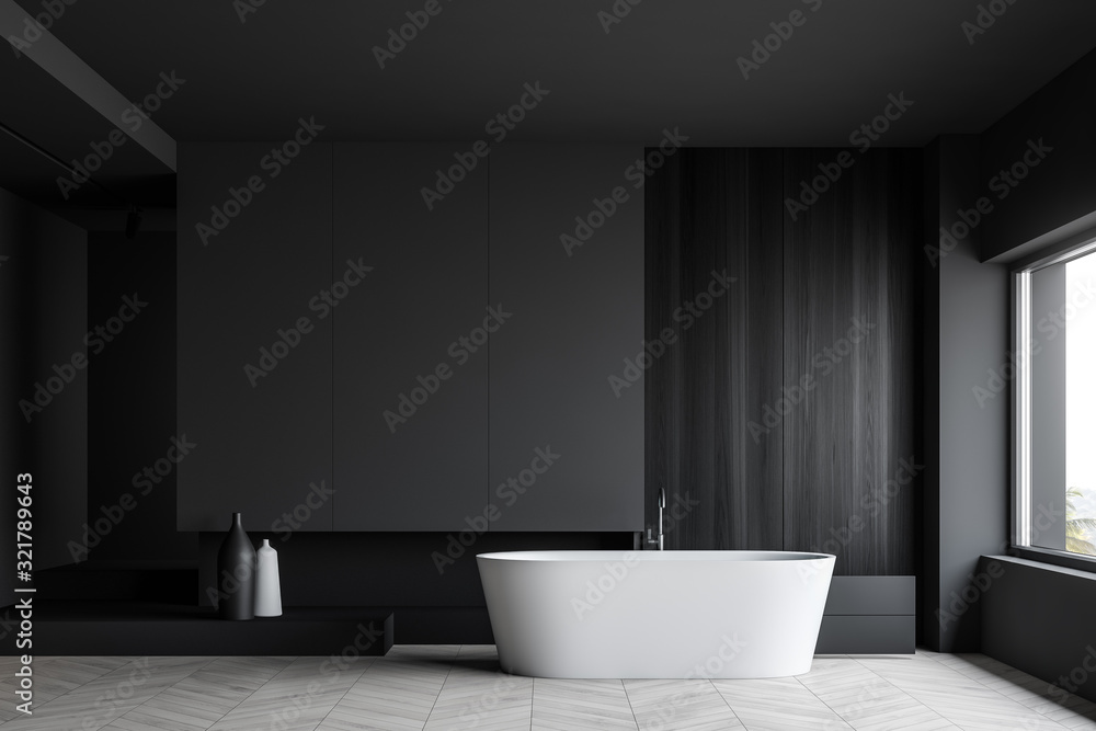 Gray and wooden bathroom with tub and vase Gray and wooden bathroom with tub and vase