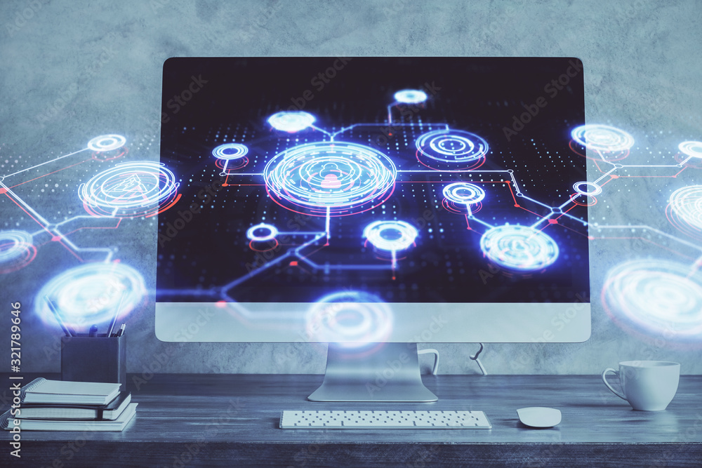 Computer on desktop with social network theme icon. Multi exposure. Concept of international connections. Computer on desktop with social network theme icon. Multi exposure. Concept of international connections.