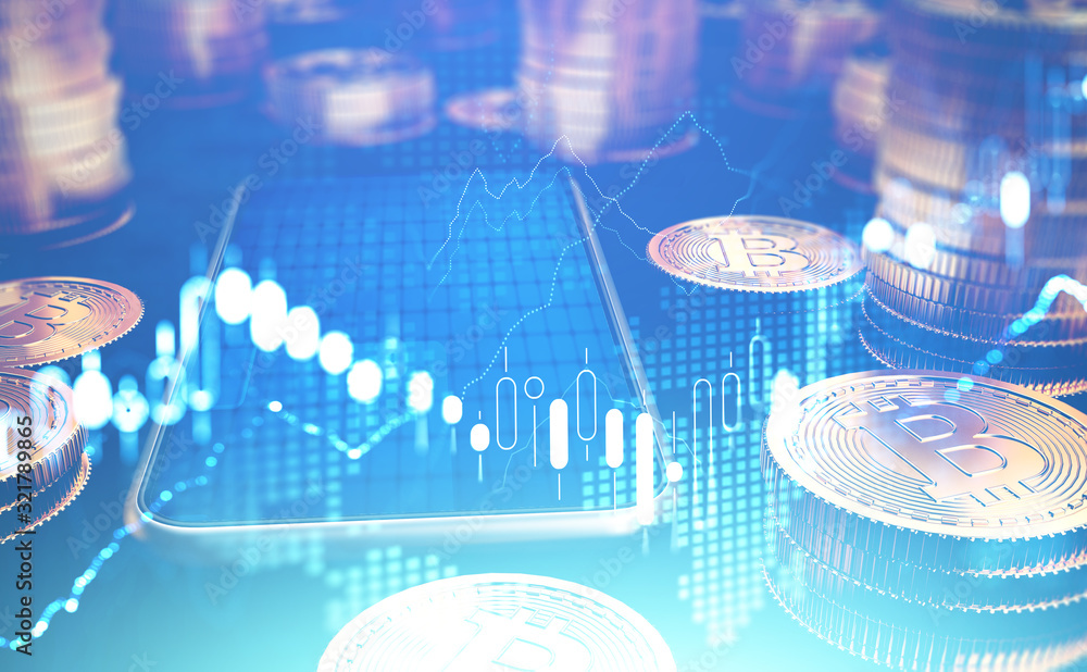 Bitcoins, smartphone and graph. Mining