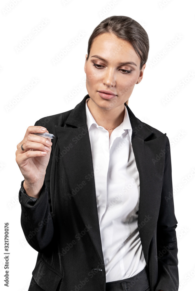 Businesswoman writing on virtual screen, isolated Businesswoman writing on virtual screen, isolated