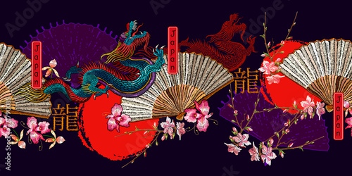 Asian colorful dragons, rising sun, japan fan and sakura flowers. Oriental art. Fashion japanese and chinese style. Template for clothes. Hieroglyph dragon. Ethnic horizontal seamless pattern