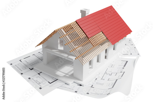 front view of 3D Render house with red roof in construction build on blueprints on isolated white background