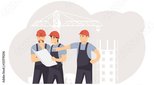 Engineers and builders are planning work on a construction site. Builders are looking at the drawing. Builders are looking at the construction plan of the building. Vector, illustration.