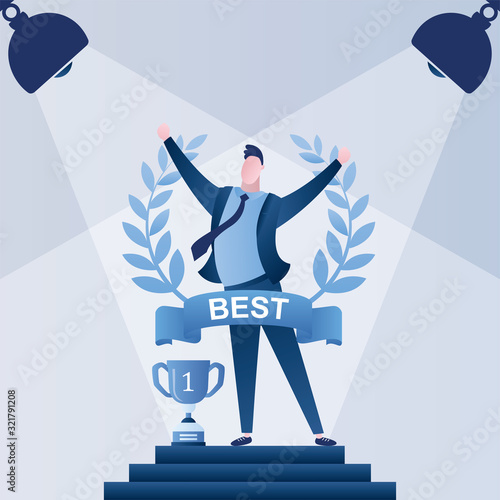 Happy businessman inside of award wreath with ribbon. Successful results concept template.
