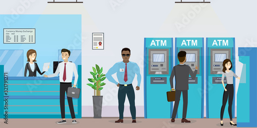 Businesspeople use atm and terminals. Cartoon bank manager and customers. Security guard in uniform.