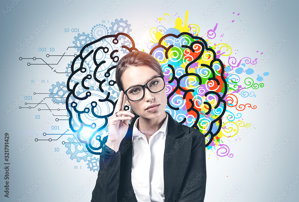 Woman in glasses, creative and analytical brain Woman in glasses, creative and analytical brain