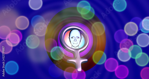 Canvas Print Símbolo femenino con rostro de mujer, rodeado de formas circulares y ondas