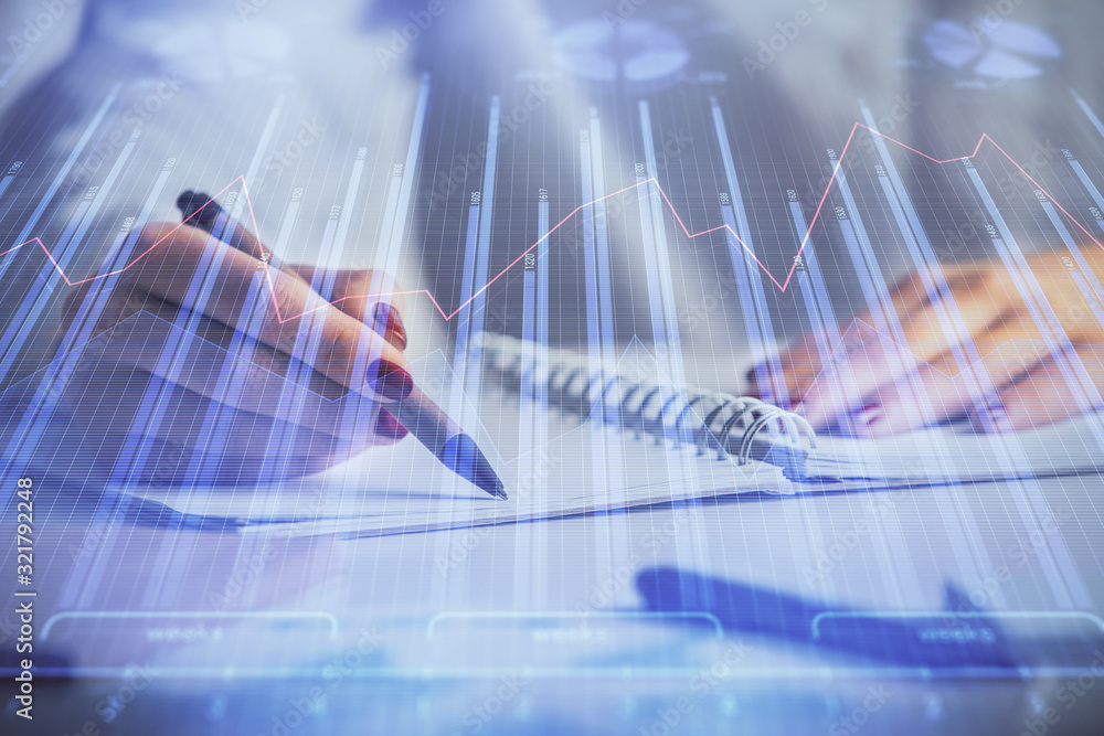 Double exposure of woman's hands making notes with forex graph hologram. Concept stock market analysis. Double exposure of woman's hands making notes with forex graph hologram. Concept stock market analysis.