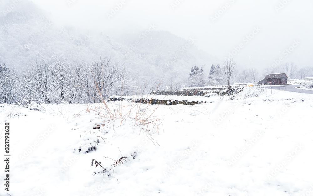 House of View Shirakawago villages winter on white snowfall landscape. Famous sightseeing location in Shirakawa-go gassho-zukuri,Gifu Chubu Japan. Landscape Mountain hill of beautiful place for travel