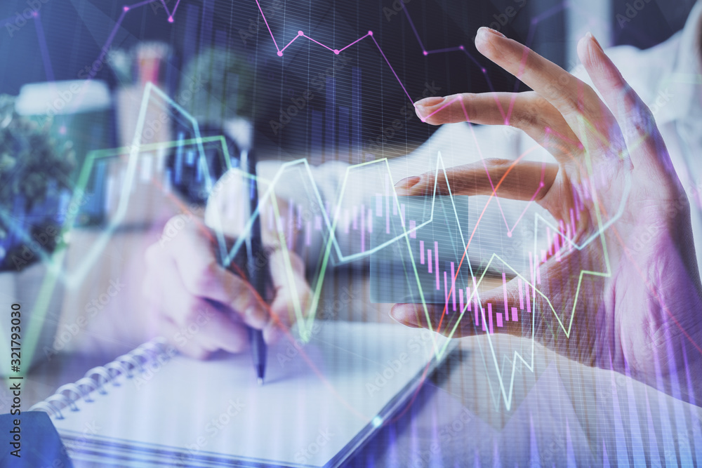Forex chart displayed on woman's hand taking notes background. Concept of research. Multi exposure Forex chart displayed on woman's hand taking notes background. Concept of research. Multi exposure
