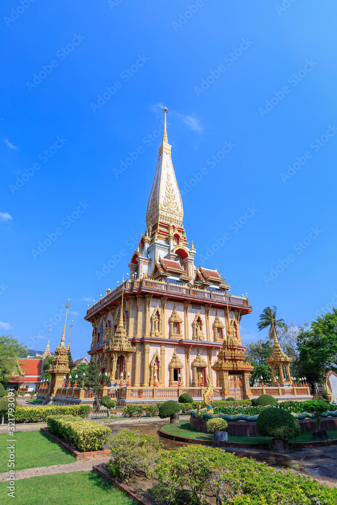 Naklejka premium Pagoda at Wat Chaitharam or Chalong Temple. The most famous and important temple in the province.