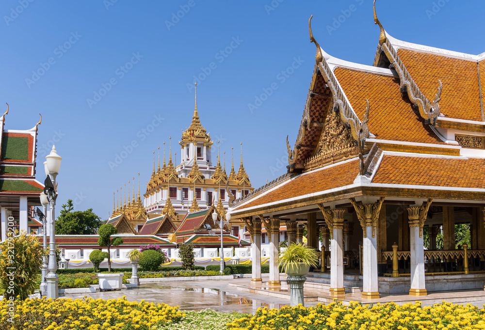 Naklejka premium Loha Prasat or iron monastery at Wat Ratchanatdaram temple, on Ratchadamnoen avenue, Bangkok, Thailand