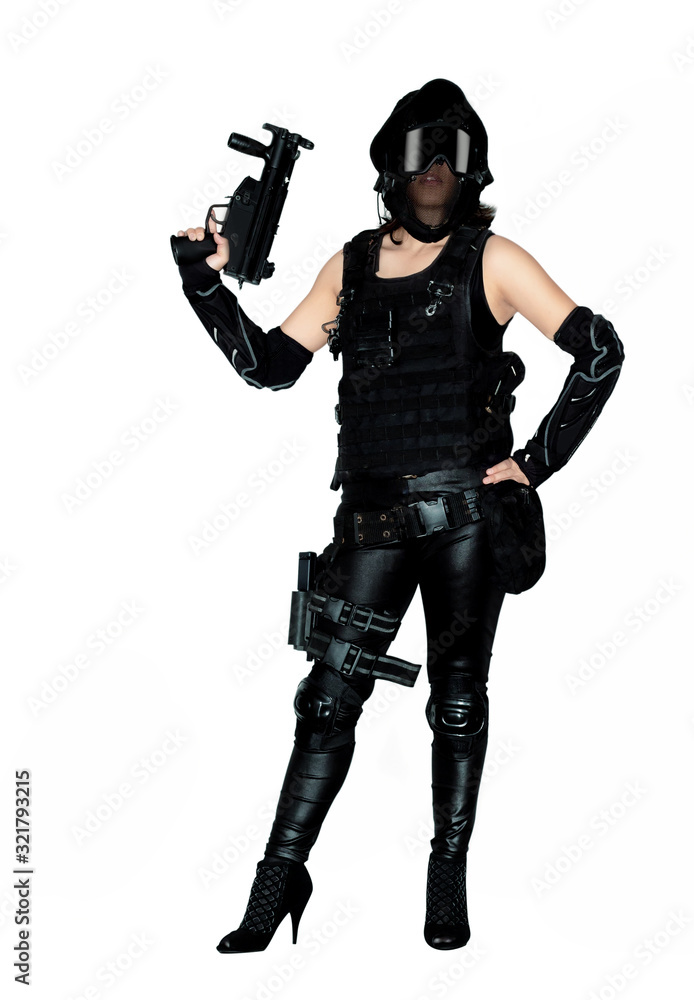 asian lady in black soldier bb gun sport game costume and weapon asian lady in black soldier bb gun sport game costume and weapon