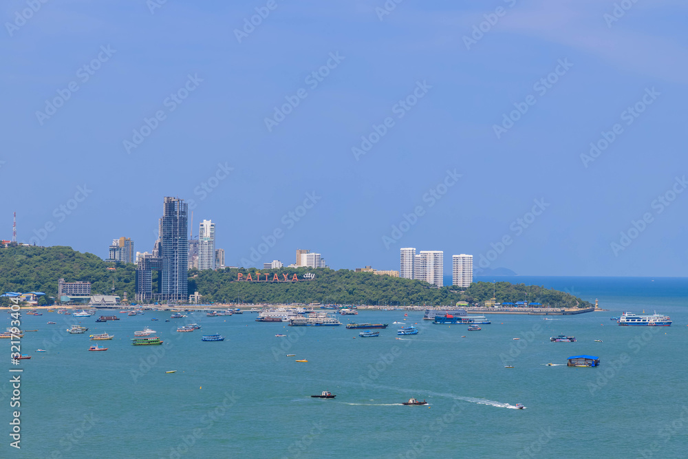 Pattaya bay beach harbor and city in sunny day, Chonburi, Thailand