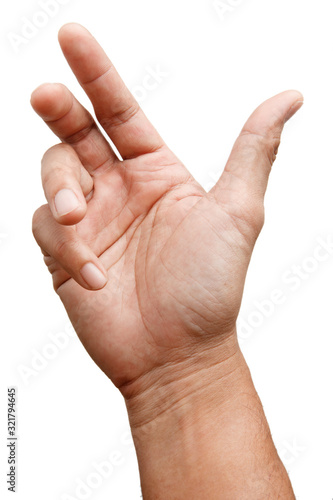 Close up Male asian hand gestures isolated over the white background. Touching.