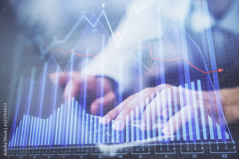 Forex graph with businessman working on computer in office on background. Concept of hardworking. Multi exposure. Forex graph with businessman working on computer in office on background. Concept of hardworking. Multi exposure.