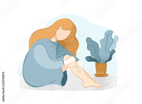 A sad lonely girl is sitting with her hands wrapped around her knees with a flower. The concept of the banner about stress, sadness and emotional burnout of mothers. Cartoon vector illustration.