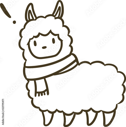 マフラーを巻いたアルパカのイラスト(アウトラインのみ)_！マーク