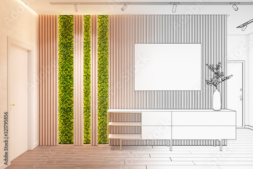 Fototapeta Naklejka Na Ścianę i Meble -  The sketch was transformed into a modern interior in eco style with a blank horizontal poster on a wooden wall, backlit moss, a vase with a lunar on a white pedestal and two doors. Front view. 3d rend