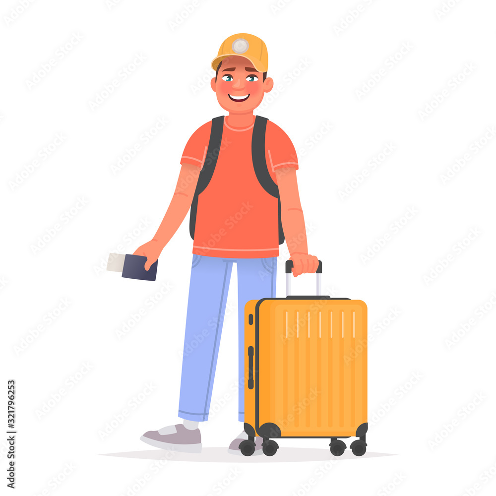 Happy man tourist with luggage and backpack at the airport. Vector illustration Happy man tourist with luggage and backpack at the airport. Vector illustration