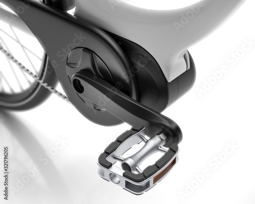 electric bicycle e-bike detail foot pedal electric motor close up isolated on white background 3d illustration