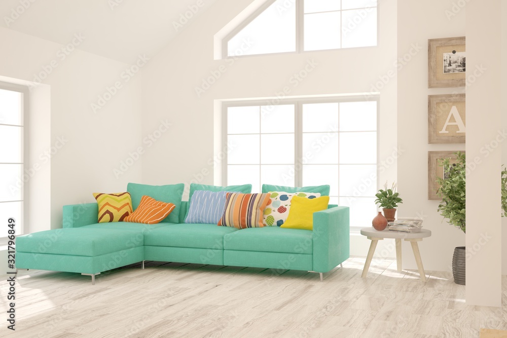 Fototapeta premium Stylish room in white color with sofa. Scandinavian interior design. 3D illustration