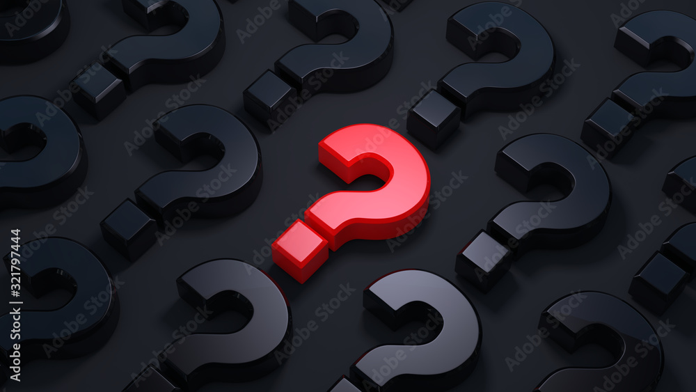A lot of question mark on a dark background. Red question mark on the center. Question concept. 3D rendering.
