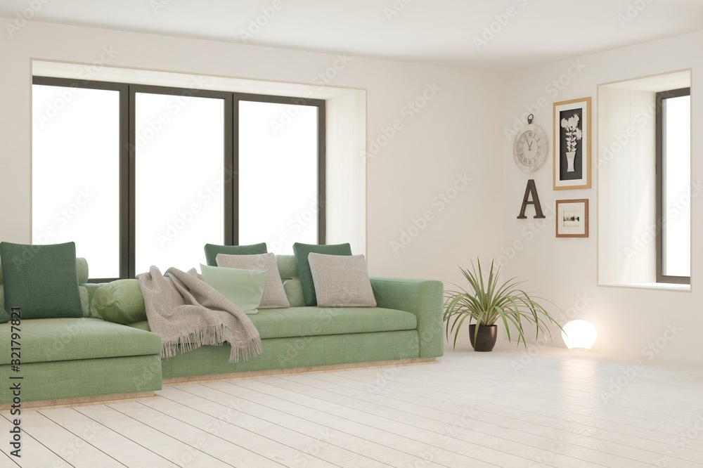 Stylish room in white color with sofa. Scandinavian interior design. 3D illustration Stylish room in white color with sofa. Scandinavian interior design. 3D illustration