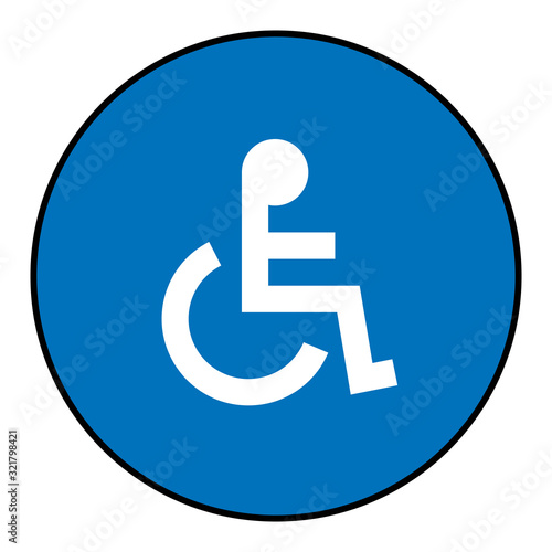 Disability sign, Handicap wheelchair symbol. Round blue background. Perfect for building floor, backdrop, sticker, sign, symbol, label, poster, banner, notice etc.