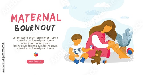 A sad tired young girl sits with her head on her knees next to her small child and children's toys. Landing Page template about maternal burnout, motherhood, stress, depression. Vector illustration.