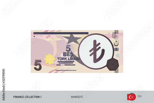 5 Turkish Lira Banknote. Flat style highly detailed vector illustration. Isolated on white background. Suitable for print materials, web design, mobile app and infographics. 