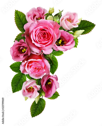 Pink roses and eustoma flowers in a floral corner arrangement