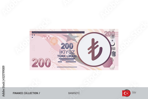 200 Turkish Lira Banknote. Flat style highly detailed vector illustration. Isolated on white background. Suitable for print materials, web design, mobile app and infographics. 
