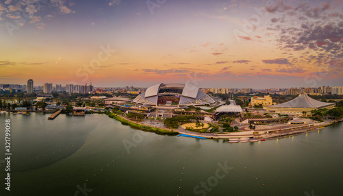 Kallang river overlooking at the stadium and Singapore skyline during sunset