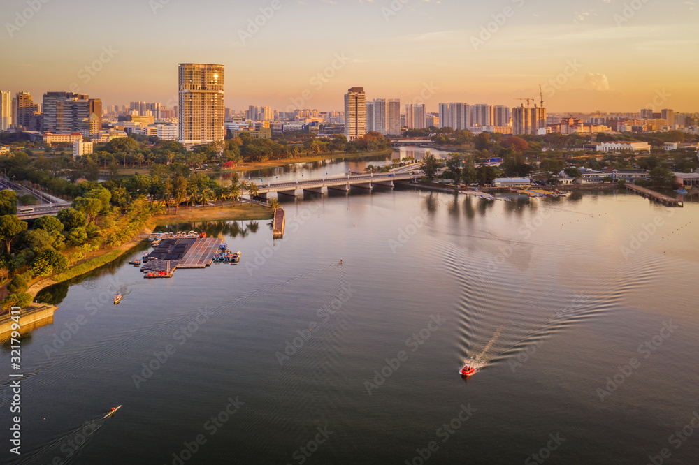 Mar 16/2019 aerial view of a dock near Nicoll Highway MRT Station, Singapore during early morning at 