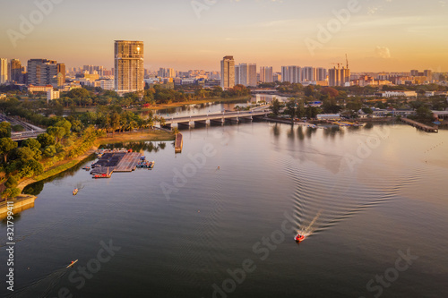 Mar 16/2019 aerial view of a dock near Nicoll Highway MRT Station, Singapore during early morning at  © Huntergol
