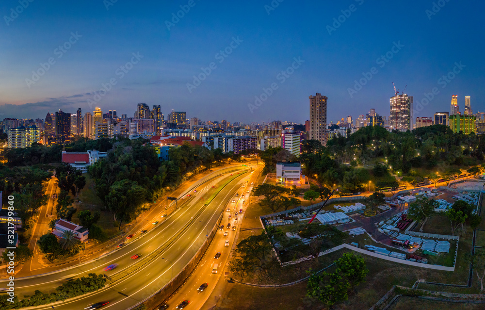 Panorama view of a residential area during sunset, Singapore southern centre, overlook the central CBD